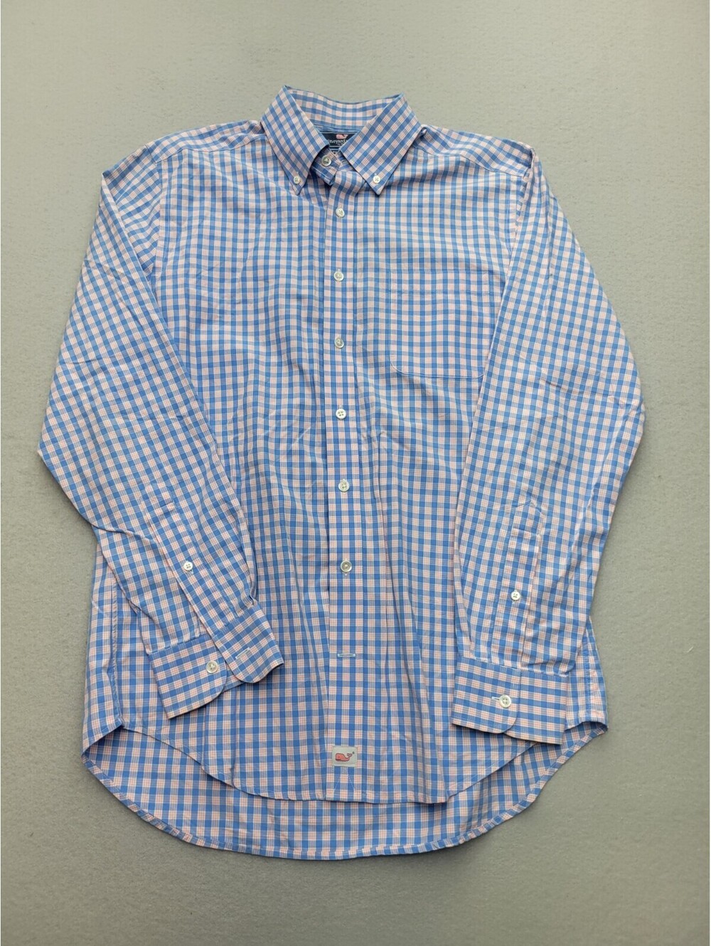 Vineyard Vines Men's Button-Up Medium Blue Pink Long Sleeve Plaid Cotton Murray
